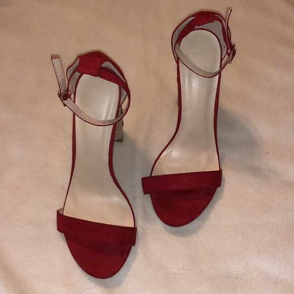 WILD DIVA LOUNGE- Red Suede Embroidered Ankle Strap on Woven Block Heel Sz 6.5 - Picture 3 of 5